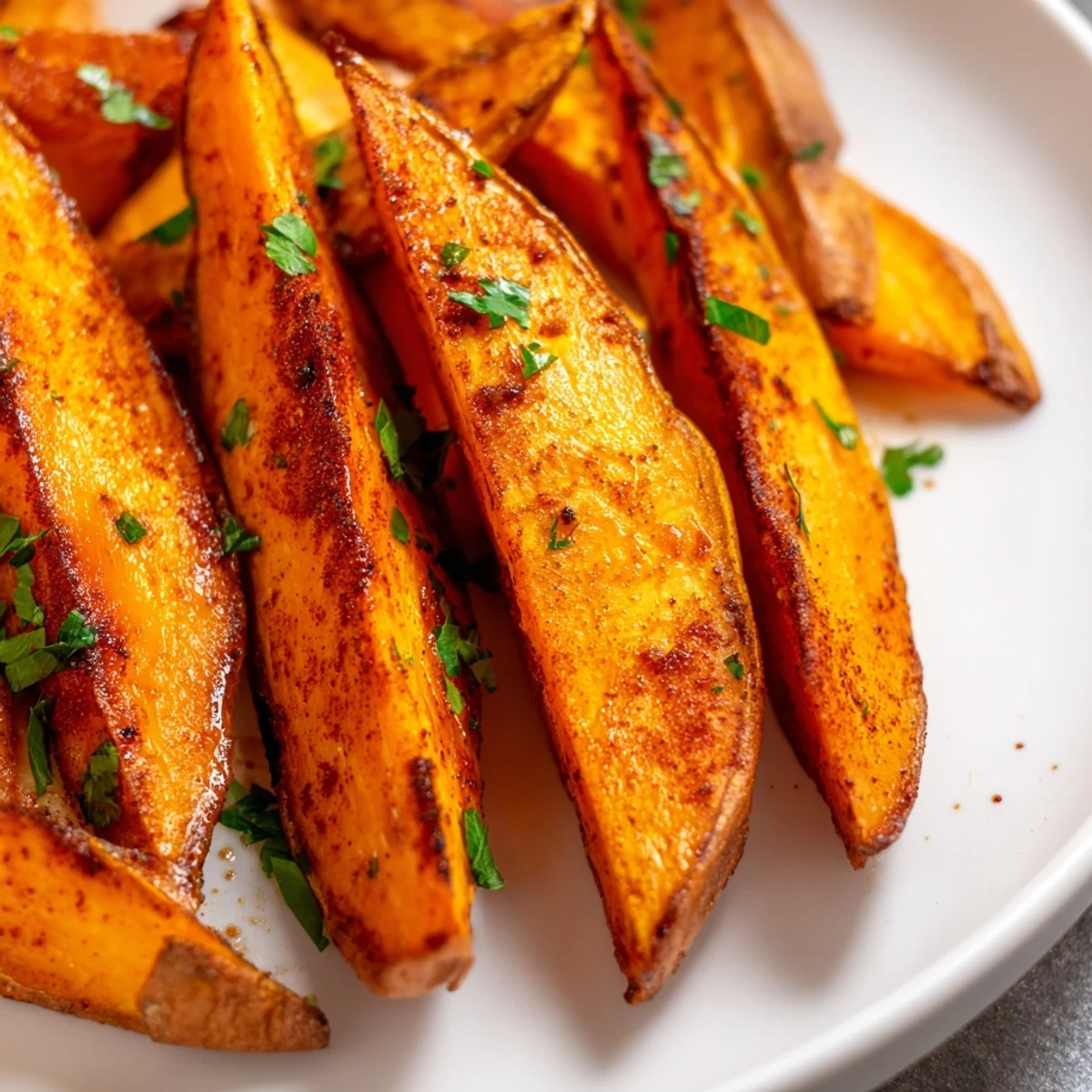 A close-up of Roasted Sweet Potato Wedges with Paprika showing golden, caramelized edges and fluffy orange interior, garnished with chopped parsley for a fresh finish.