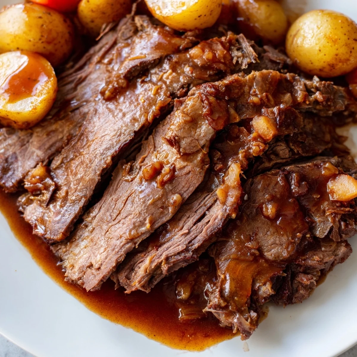 Tender Slow Cooker Pot Roast with Gravy is sliced and served with carrots and potatoes.