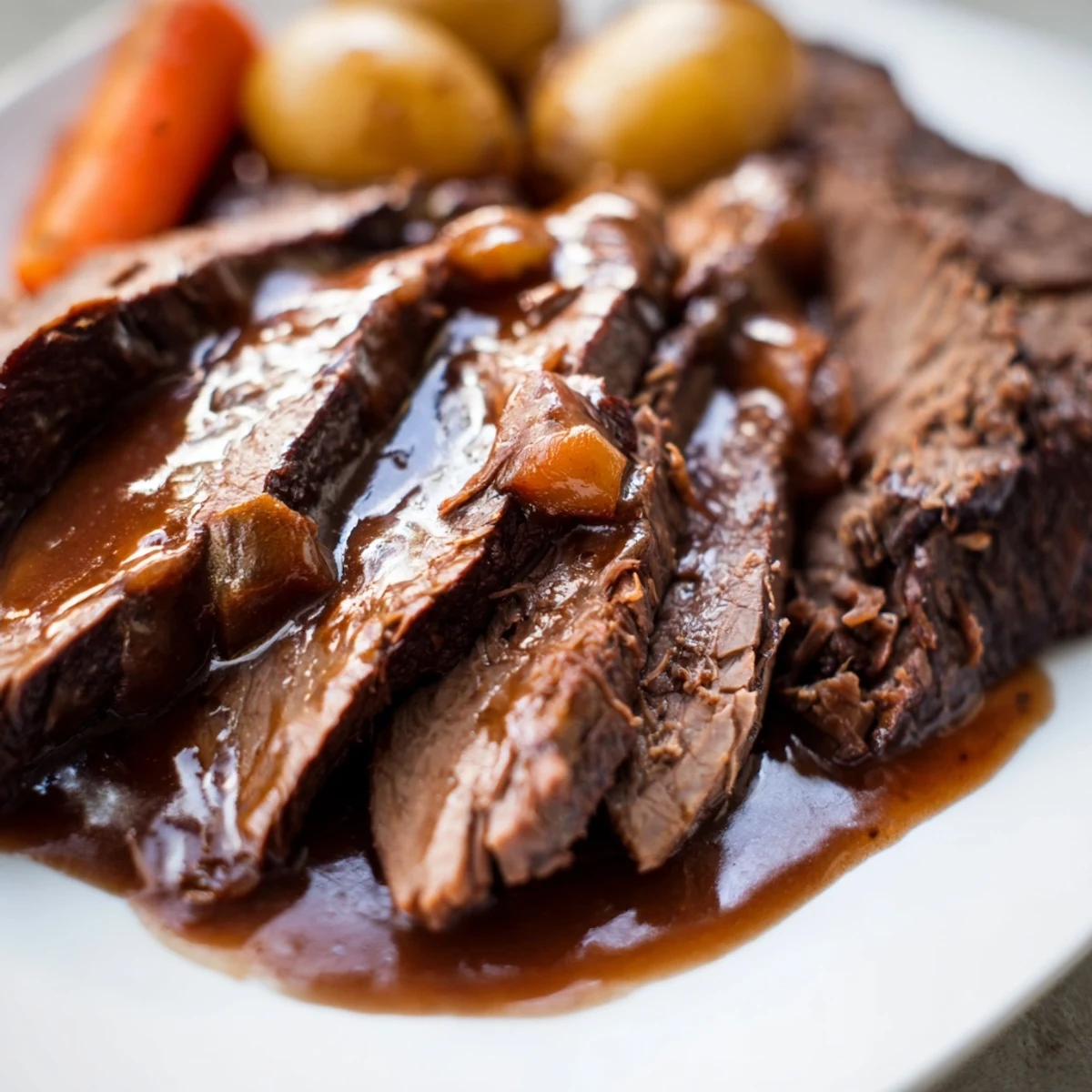 Overhead view of Slow Cooker Pot Roast with Gravy beside roasted carrots and potatoes.
