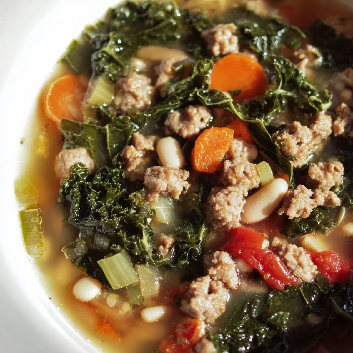 Golden-brown turkey sausage and tender kale float in a savory broth, served alongside crusty bread for dipping.