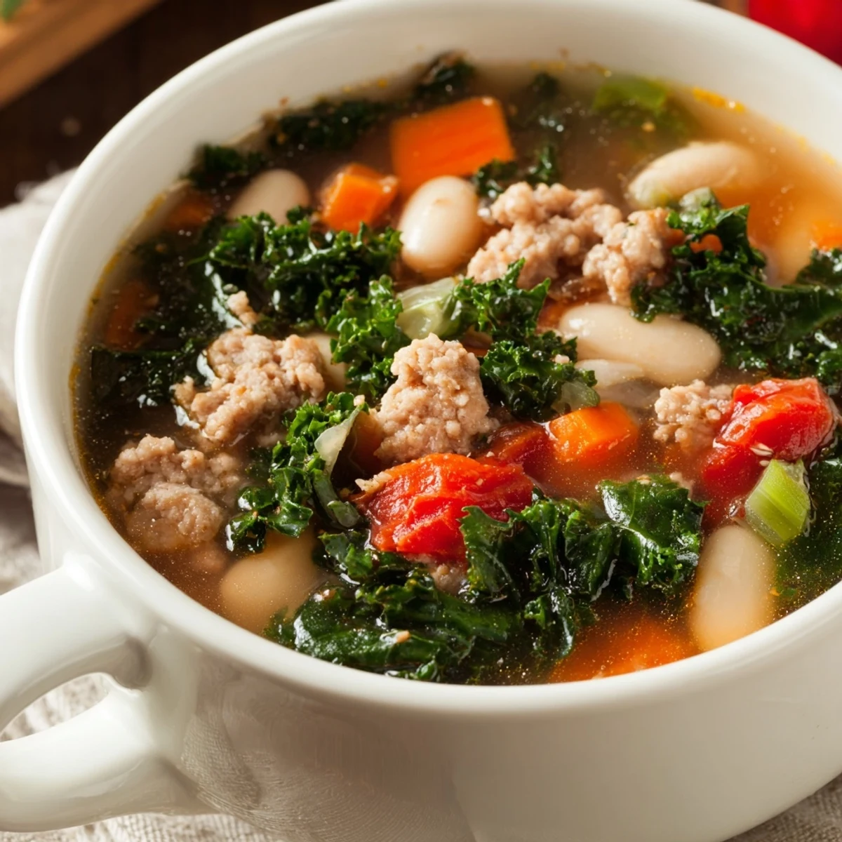 Steam rises from a warm bowl of Turkey Sausage and Kale Soup, showcasing the hearty broth and fresh kale.