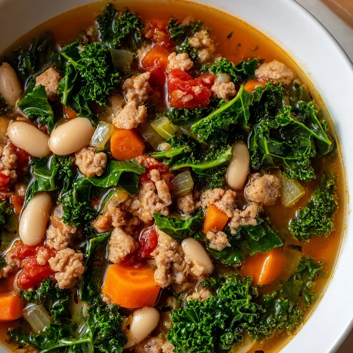 Close-up of Turkey Sausage and Kale Soup featuring cannellini beans and diced tomatoes in a rustic pot.
