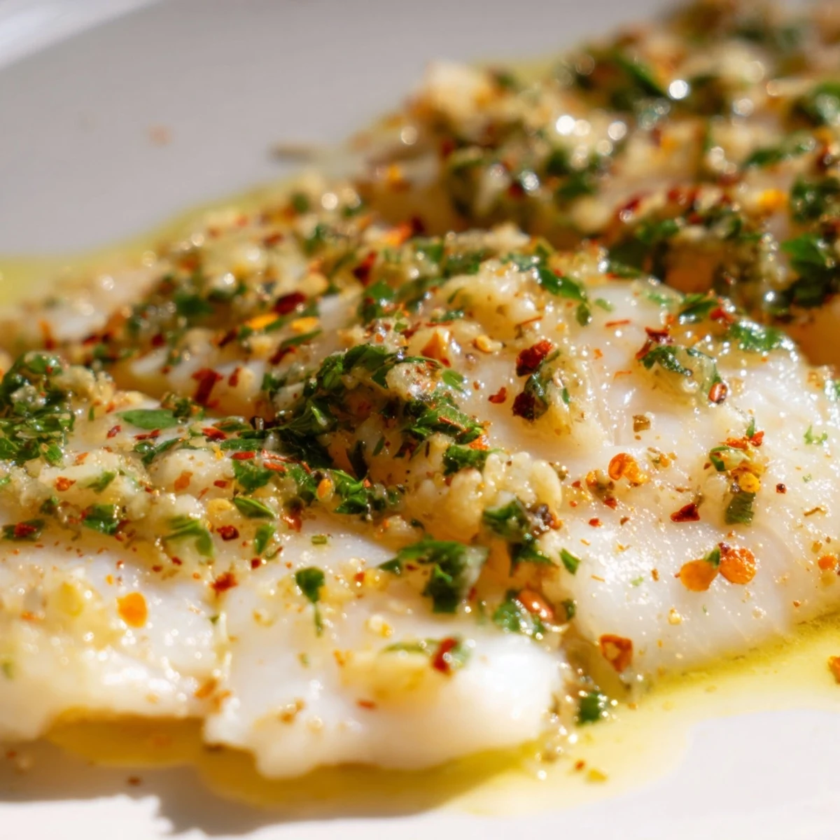 Perfectly baked tilapia fillets glazed in lemon garlic butter, garnished with fresh parsley and lemon slices for a bright, zesty finish.