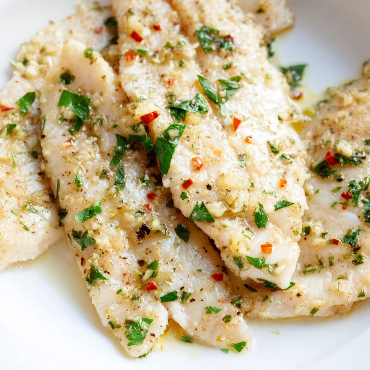 Freshly baked tilapia in a bubbling lemon garlic butter sauce, served alongside fluffy rice and vibrant steamed broccoli for a complete meal.