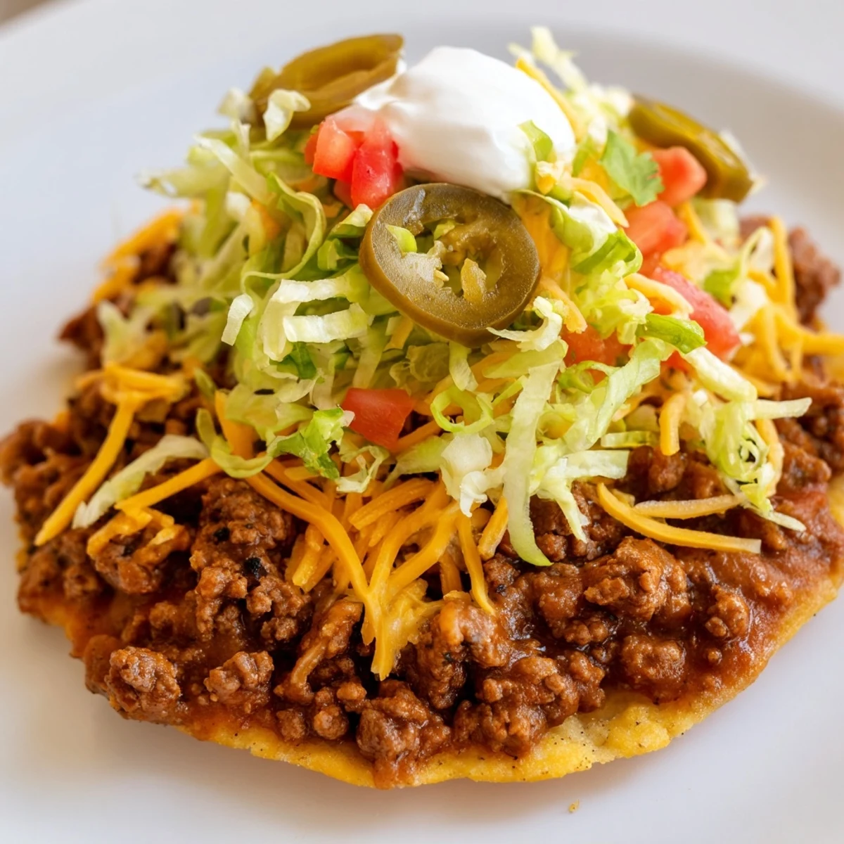 Crispy gluten-free tostada shells loaded with seasoned ground beef, creamy refried beans, and shredded cheddar.