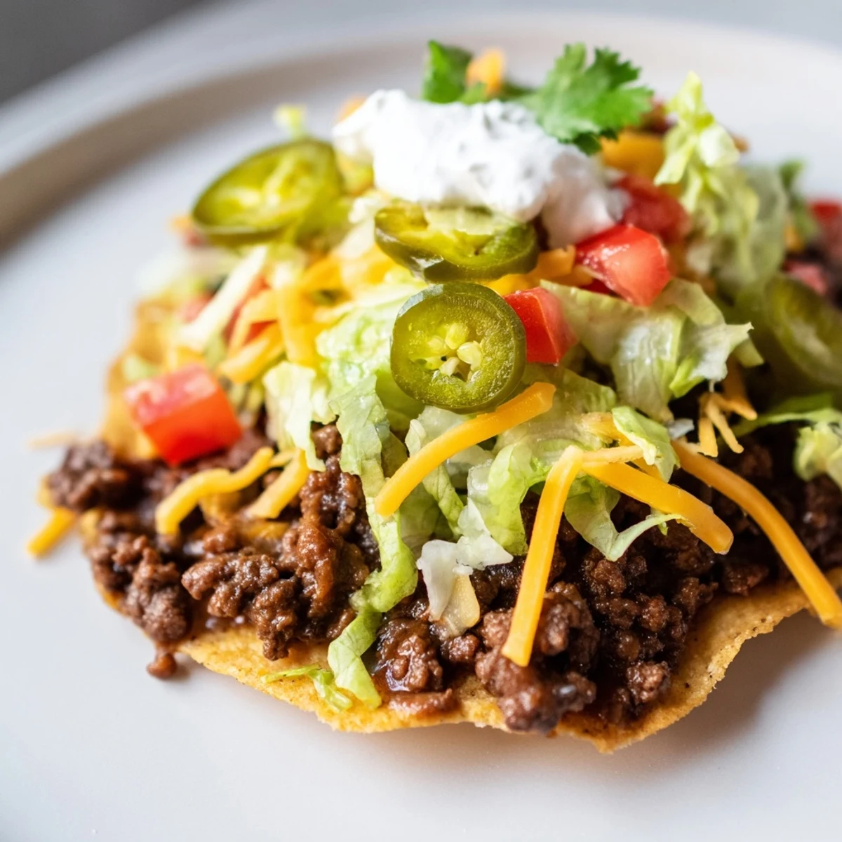 Fresh lettuce, diced tomatoes, and jalapeños top these vibrant homemade Beef Tostadas with Refried Beans.