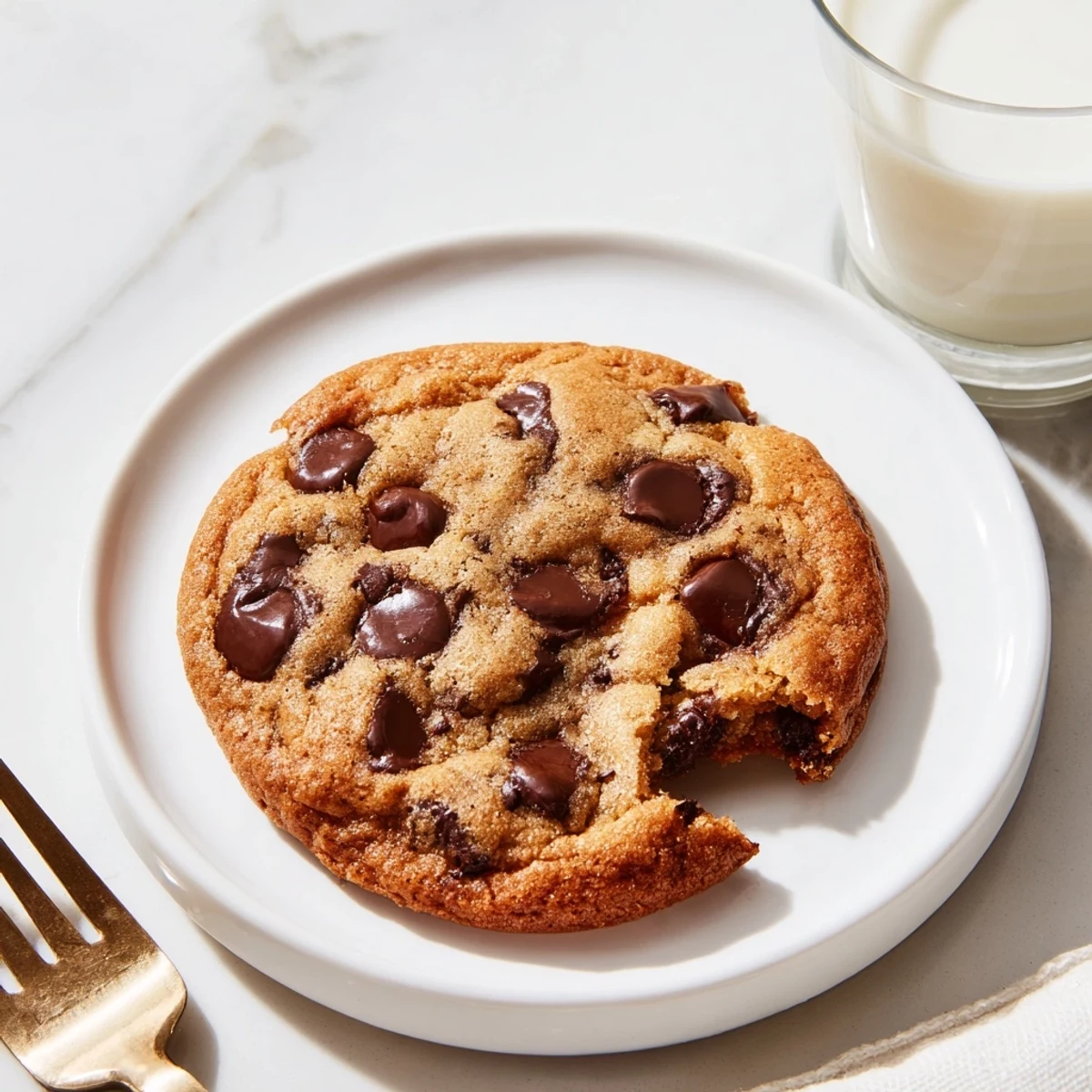 Golden-brown chocolate chip cookies with melty chocolate chips on a wire rack next to a glass of cold milk.