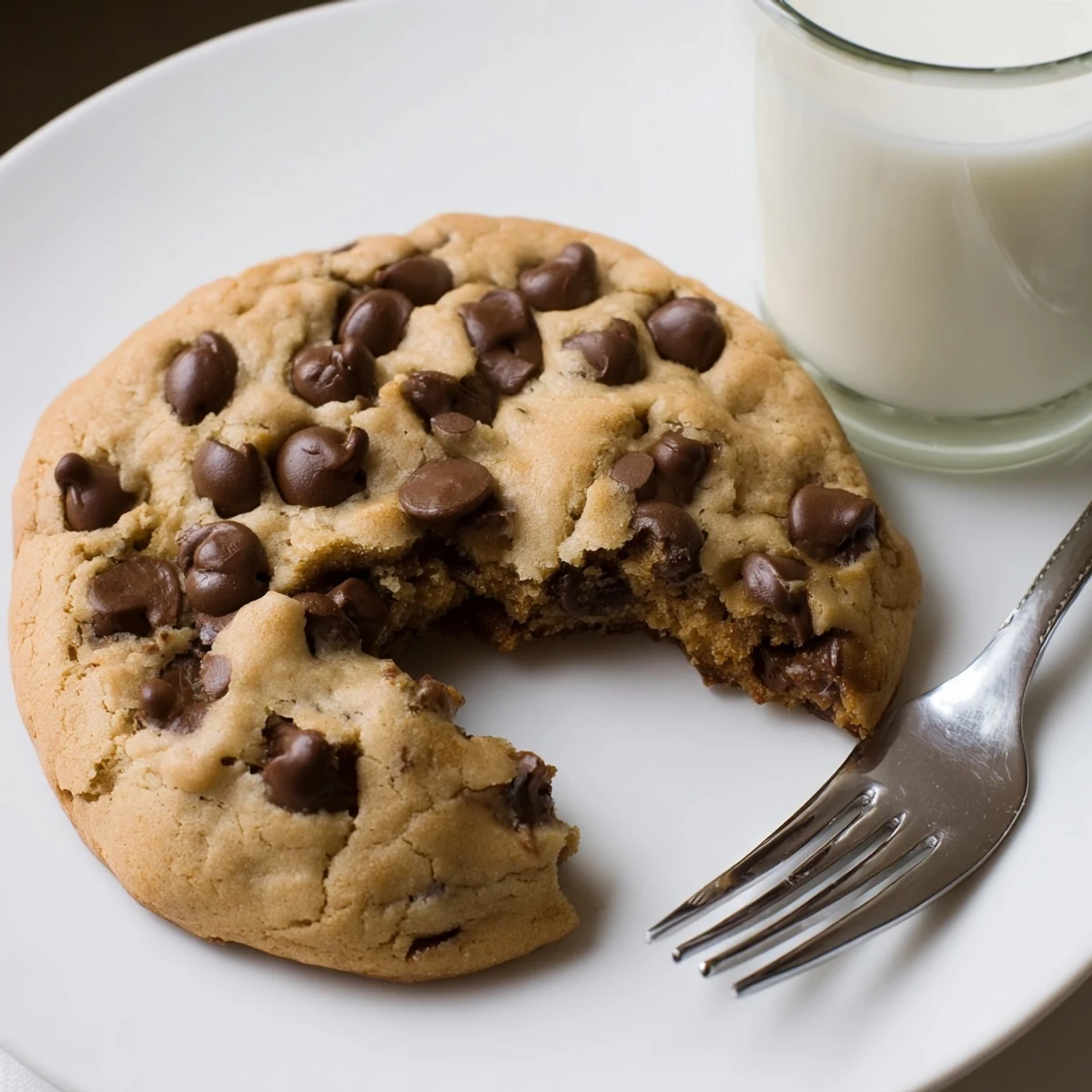 Freshly baked chocolate chip cookies are arranged on a cooling rack with a pitcher of milk for dipping.