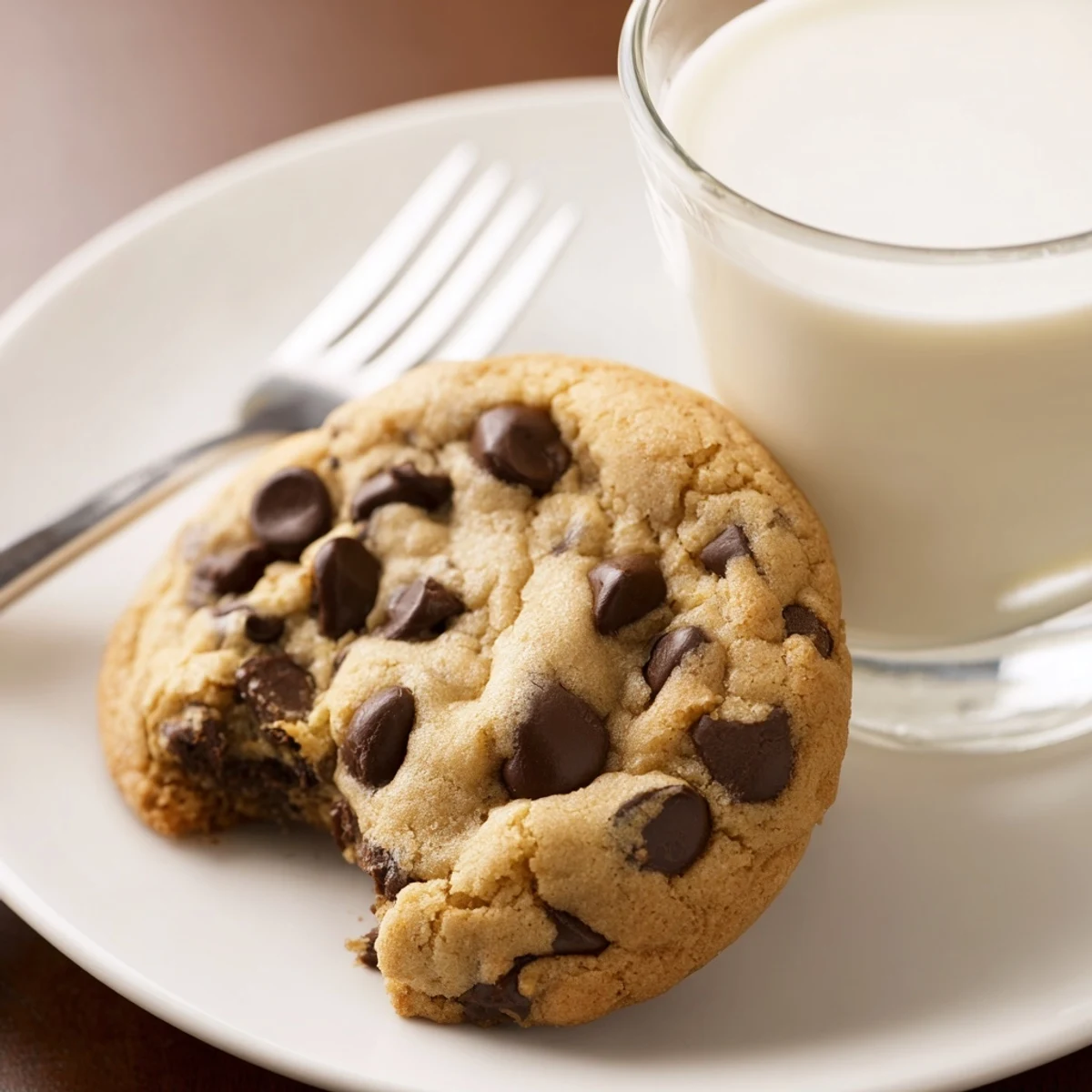 Warm chocolate chip cookies with gooey centers sit beside a frosty glass of milk, ready to enjoy.