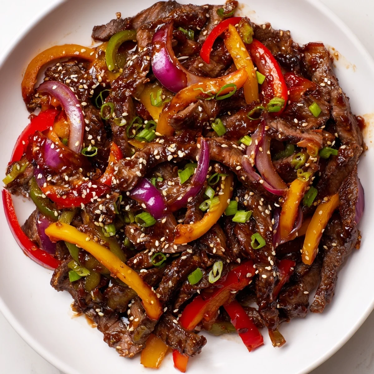 Tender beef strips and crisp peppers coated in bold sauce, served over steamed rice.