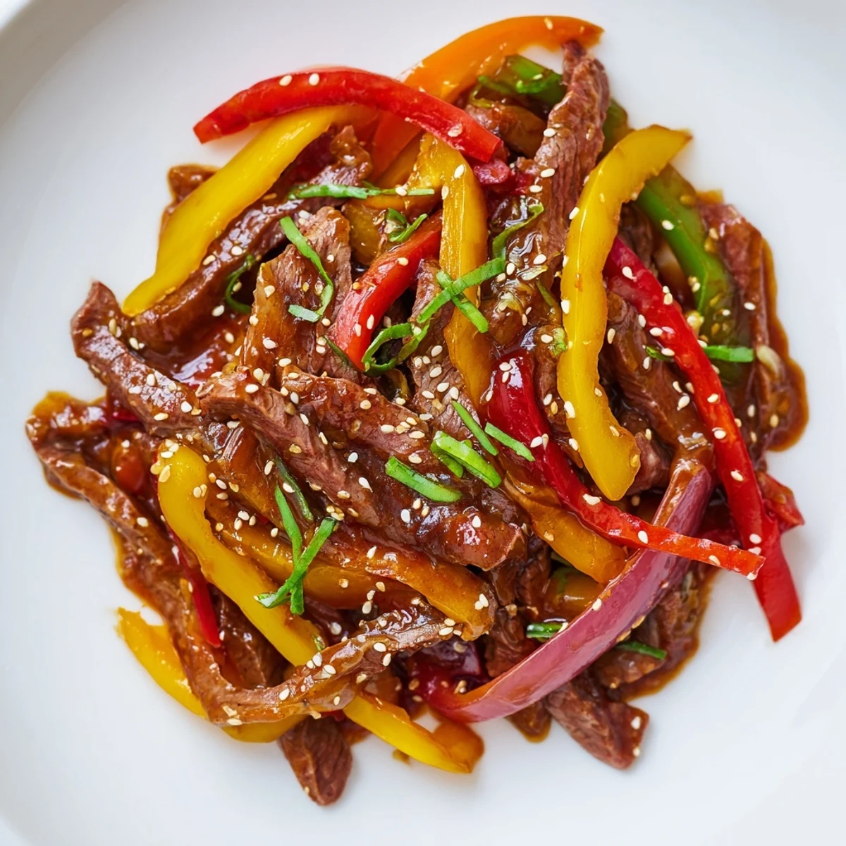 Hot Spicy Beef and Pepper Stir Fry sizzling with colorful bell peppers and aromatic garlic.