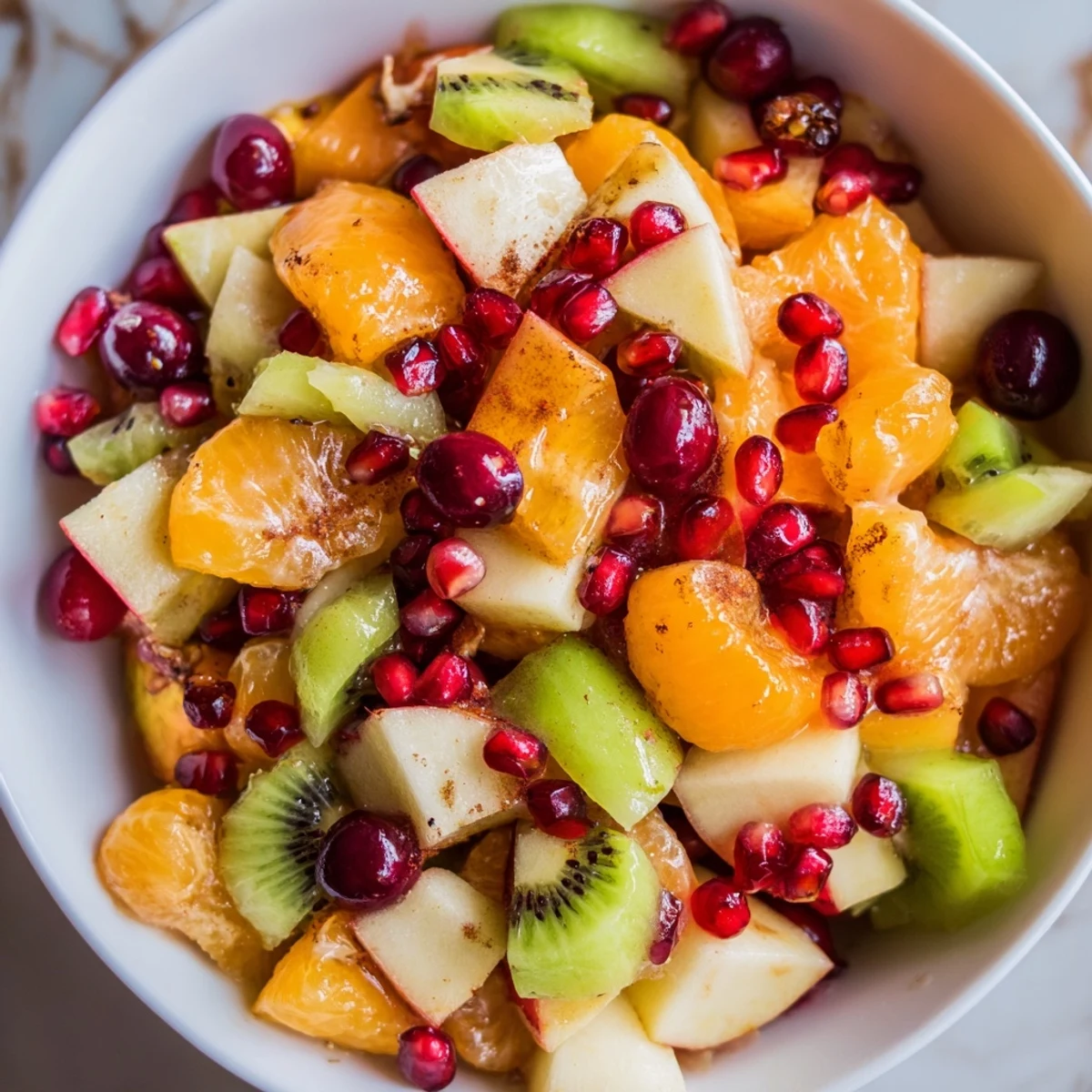 Freshly segmented oranges and diced apples are mixed with pomegranate arils in a bowl of Winter Fruit Salad with Honey Lime Dressing, glistening with fresh lime zest.