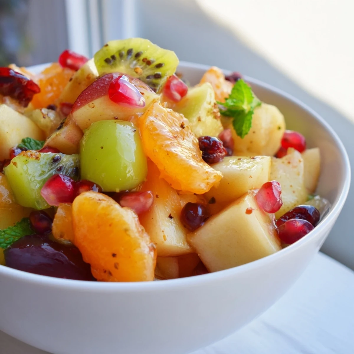 A vibrant bowl of Winter Fruit Salad with Honey Lime Dressing is topped with dried cranberries and fresh mint, ready to be served chilled.