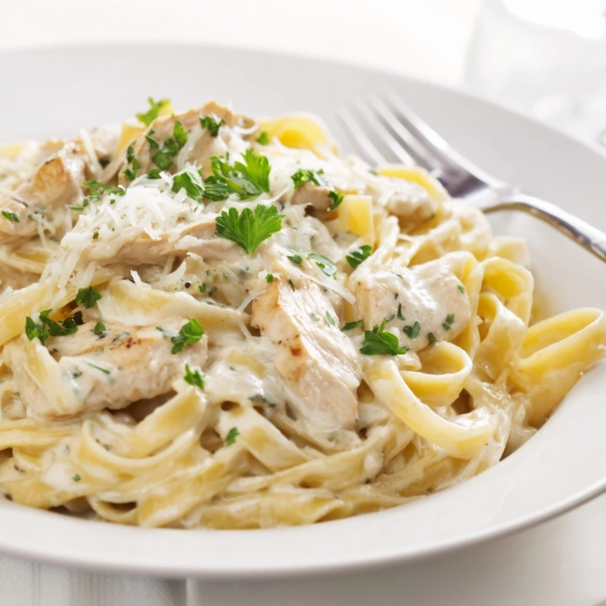 Creamy Alfredo Pasta with Chicken served in a white bowl, garnished with fresh parsley and extra grated Parmesan for a comforting dinner.