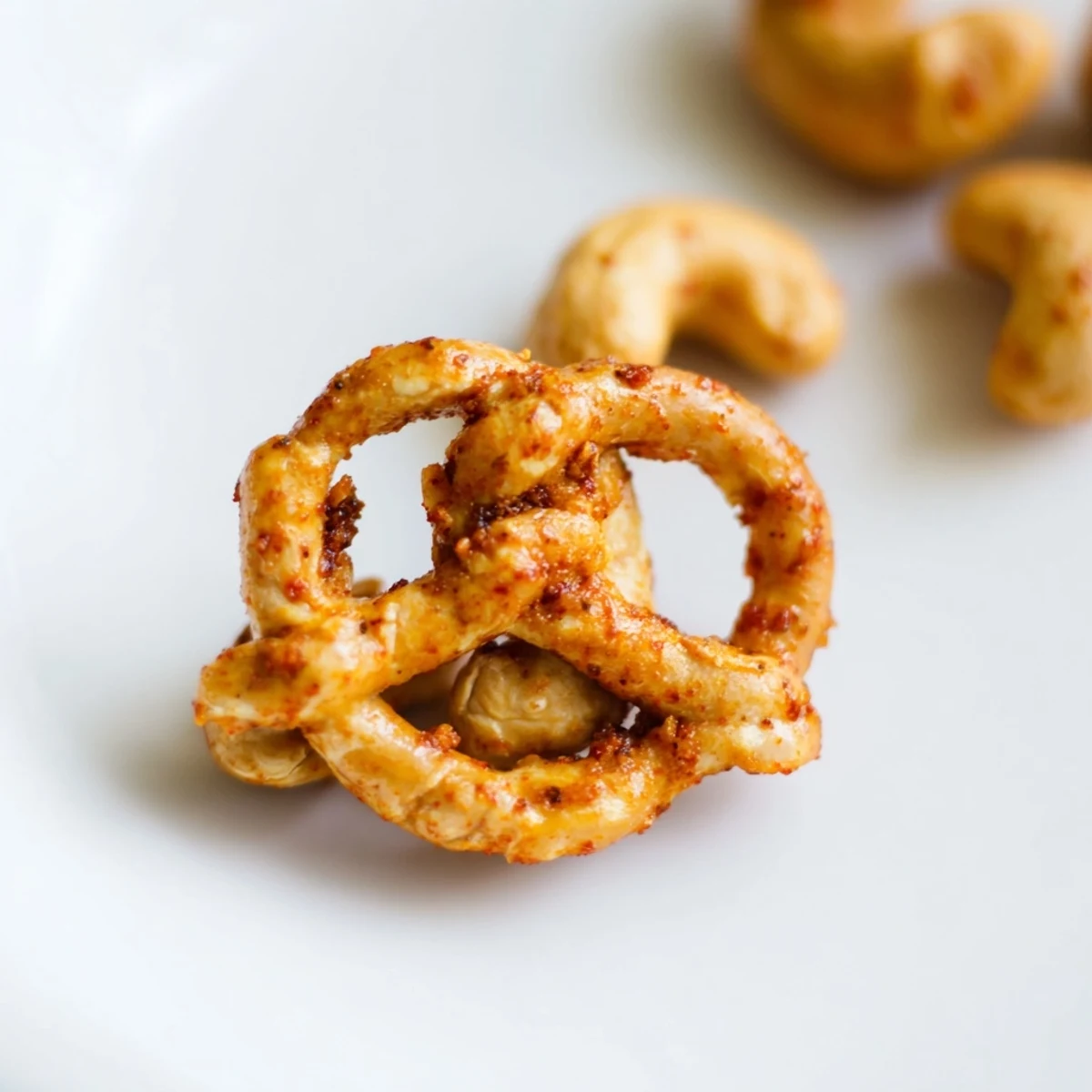 A close-up of baked Spicy Snack Mix with vibrant red pepper flakes and herbs, perfect for game day snacking.