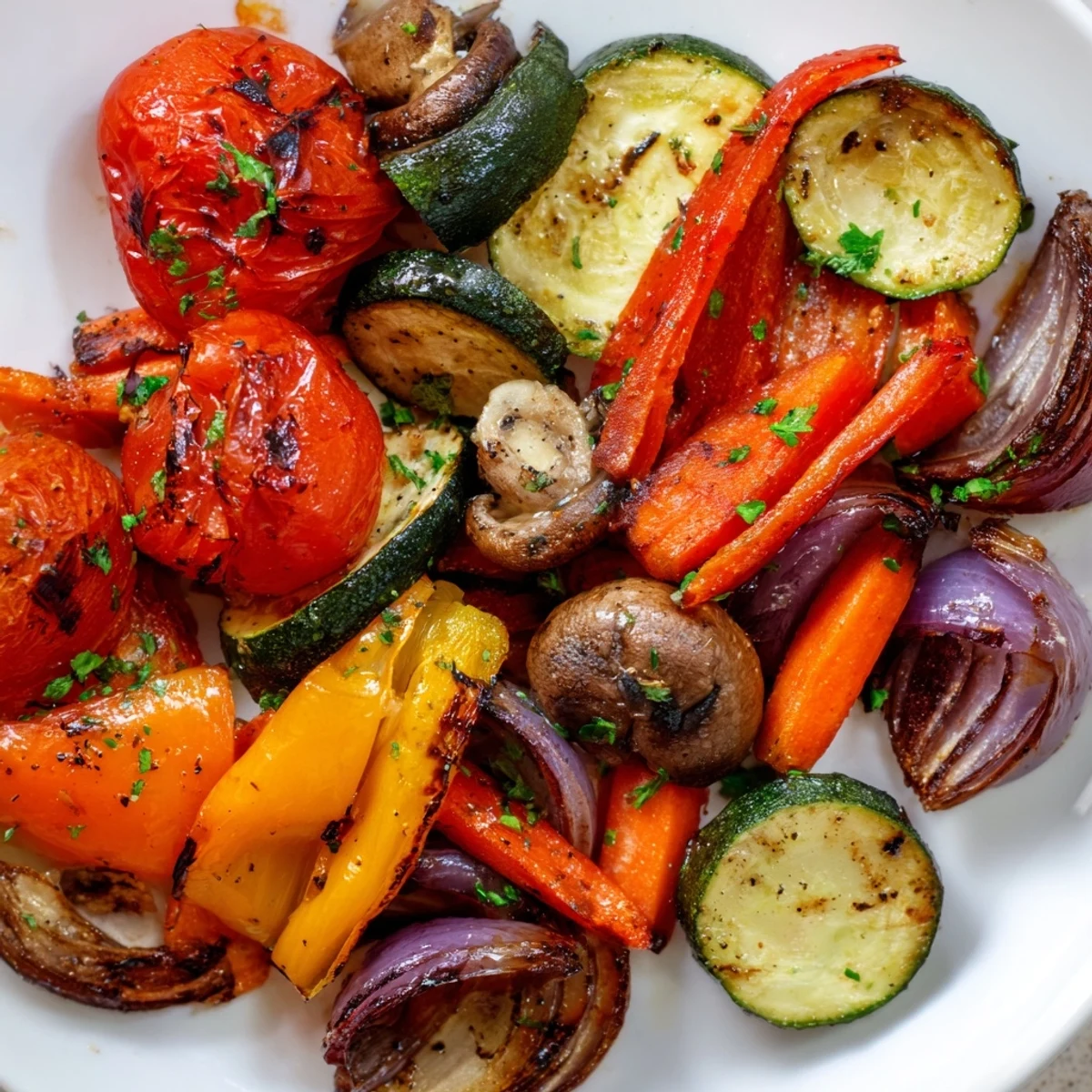 Colorful Roasted Appetizer Veggies on a platter, served warm with a side of hummus for dipping at a party.