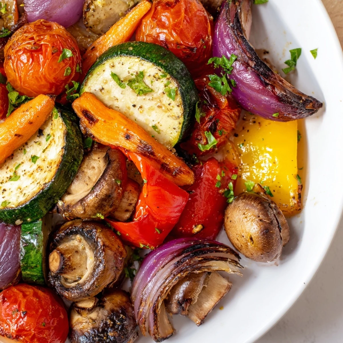 Roasted Appetizer Veggies fresh from the oven, showcasing caramelized cherry tomatoes, bell peppers, and zucchini on a baking sheet.