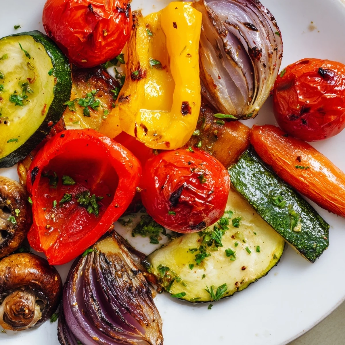 Garlic and herb seasoned Roasted Appetizer Veggies, lightly caramelized with onions and baby carrots for a sweet, savory bite.