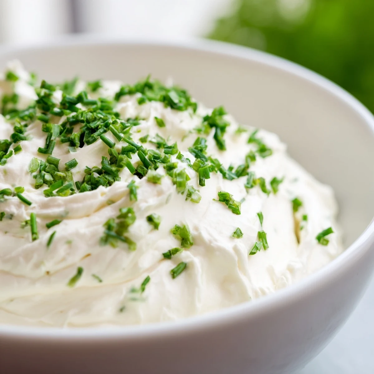 Freshly made Creamy Snack Dip garnished with chopped chives and parsley, its smooth texture inviting with crackers nearby. 