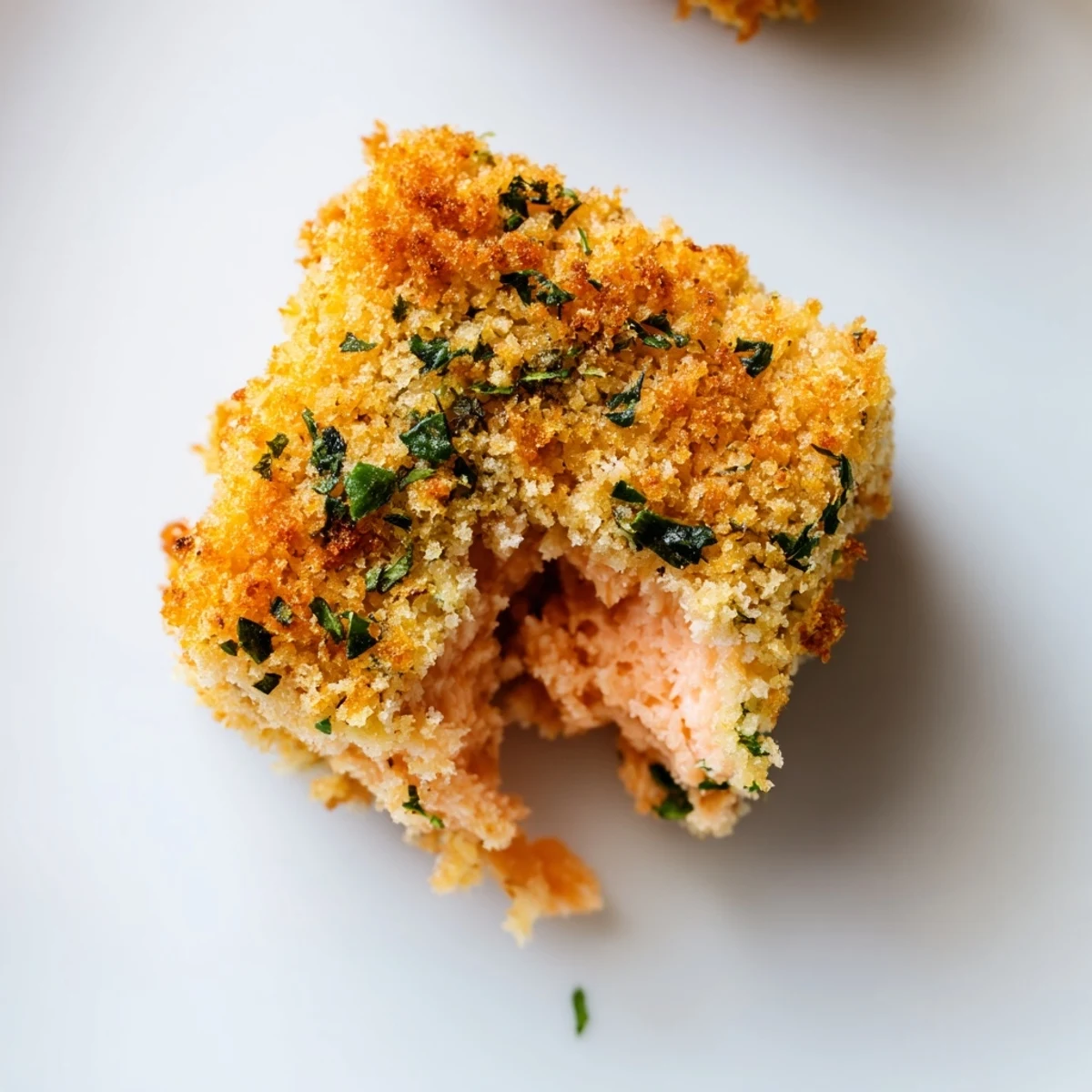 Golden-brown Baked Salmon Snack Bites on a baking sheet garnished with fresh dill and lemon wedges.