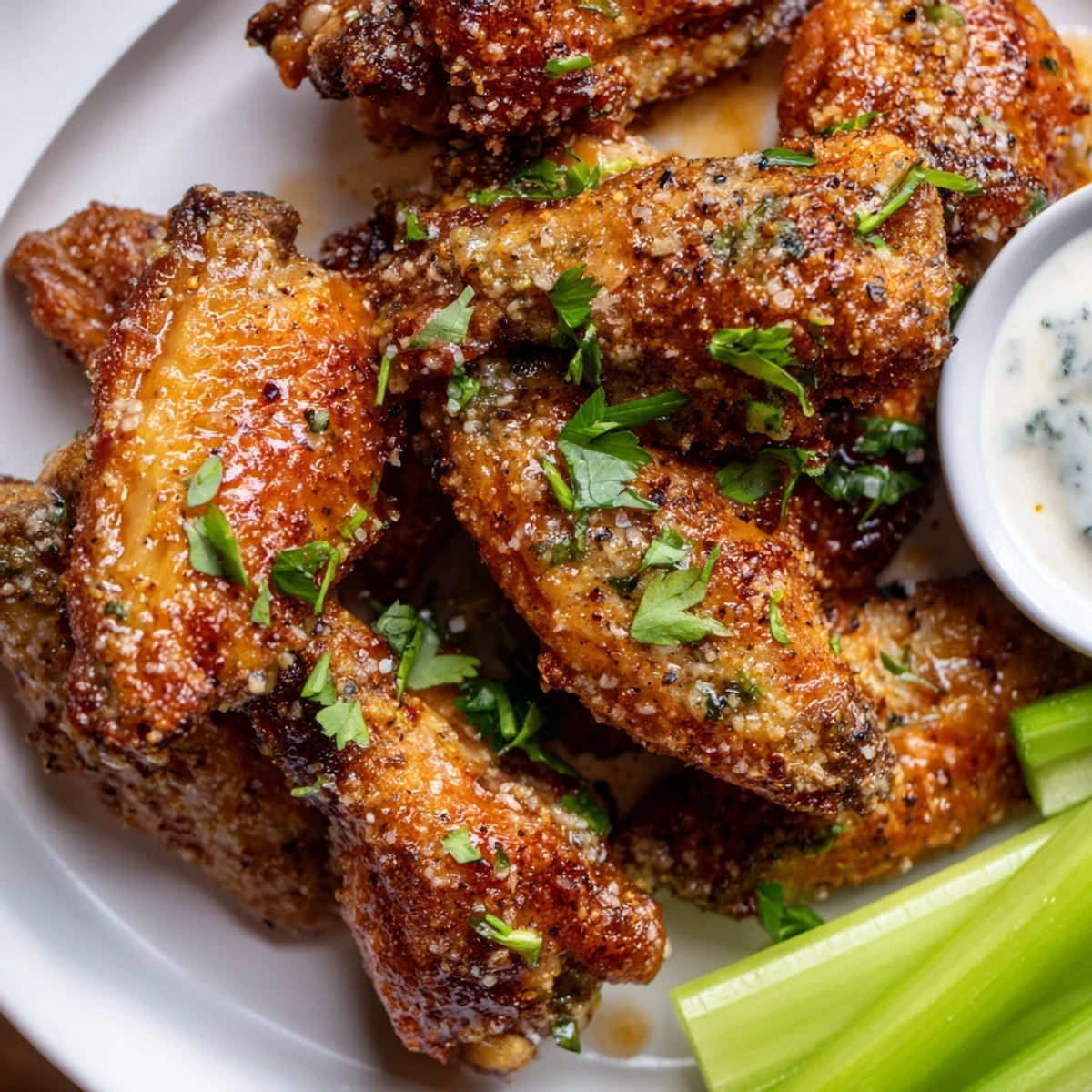 Freshly baked chicken appetizer wings tossed in a spicy buttery glaze, garnished with parsley and arranged on a rustic serving dish.