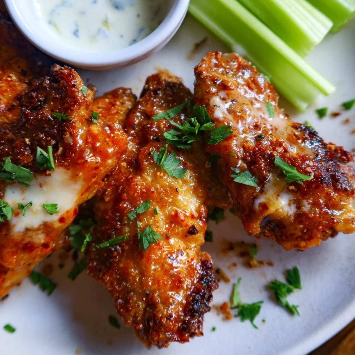 Crispy golden chicken appetizer wings glistening with tangy hot sauce, served with celery sticks and blue cheese dip on a platter.