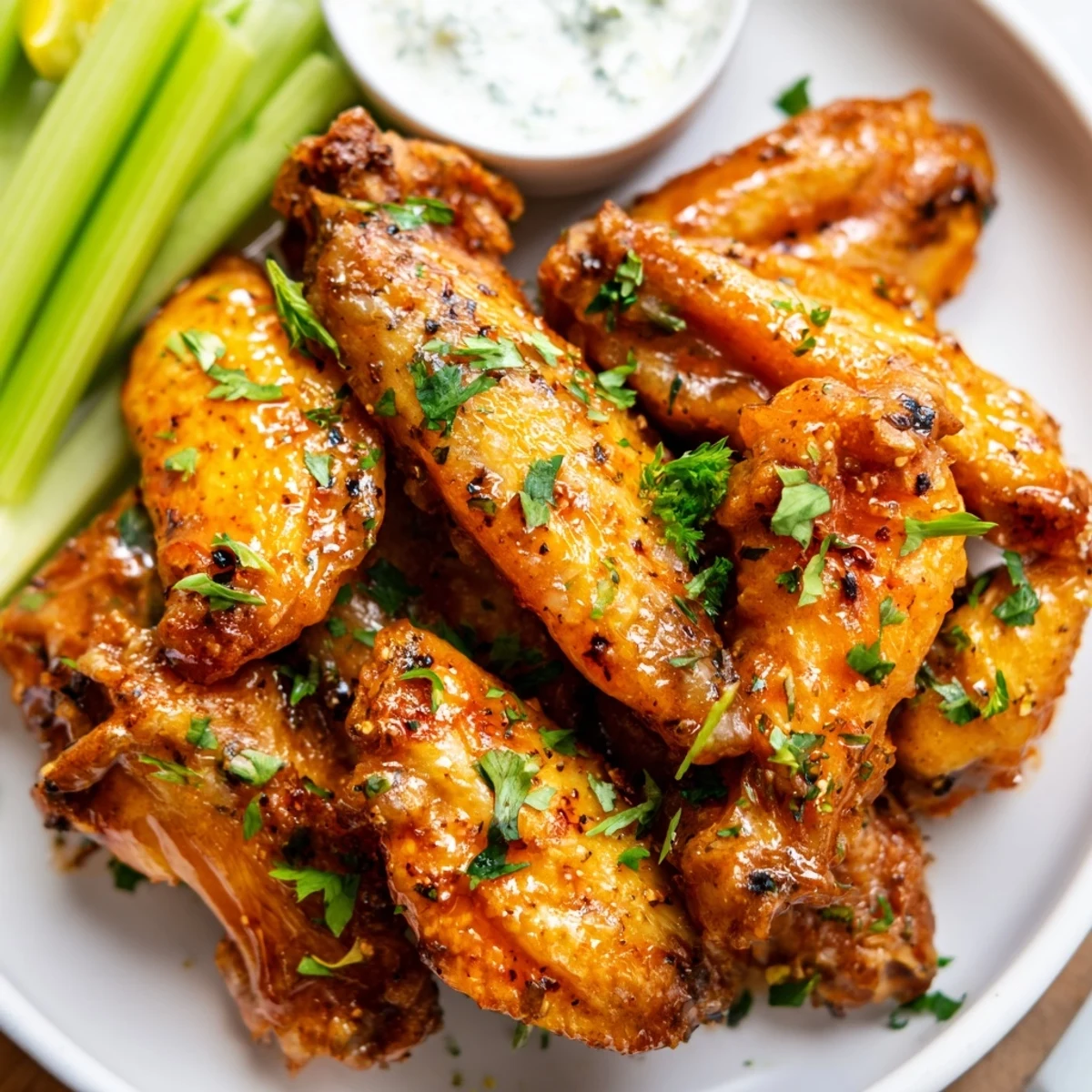 Golden brown chicken appetizer wings on a wire rack with a side of ranch dressing, ready to be enjoyed at a party.