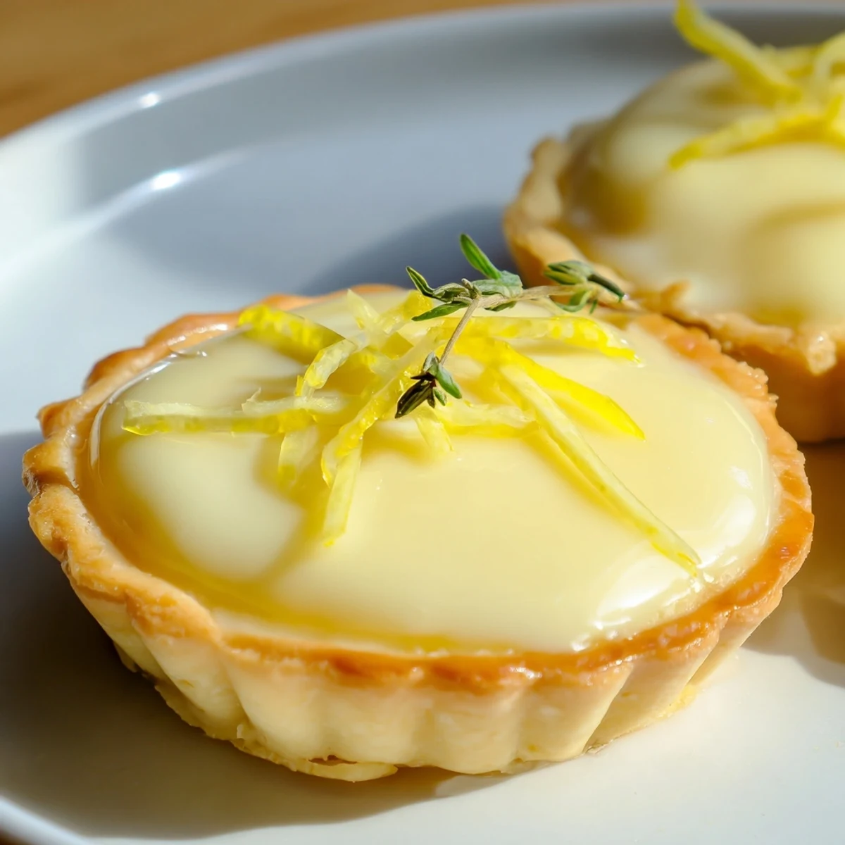 A close-up of Lemon Appetizer Tart slices revealing smooth, tangy center on a crisp buttery shell with fresh thyme garnish. 