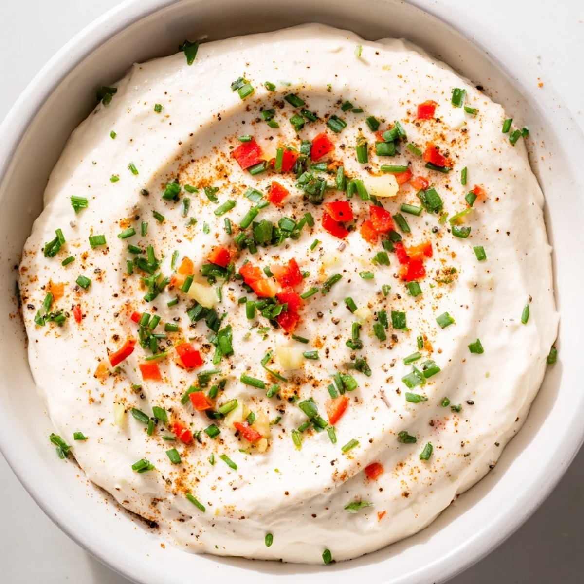 An easy Creamy Appetizer Dip spread on a gluten-free cracker with red bell pepper visible in the mix.