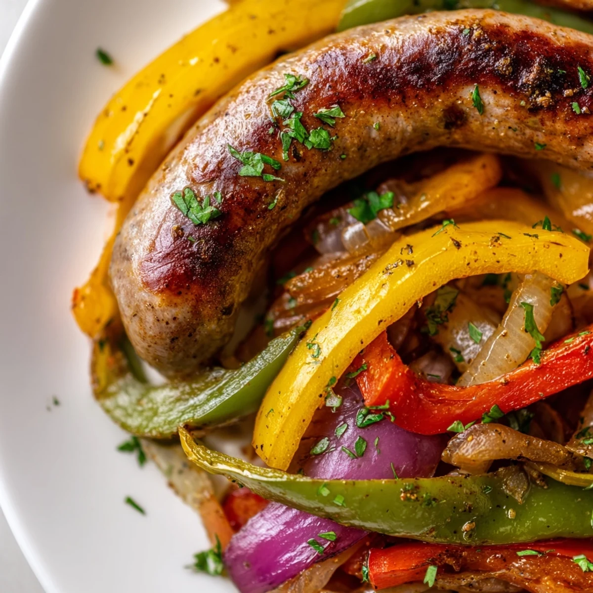 Golden-brown Italian sausages roast with colorful bell peppers and onions on a sheet pan, garnished with fresh parsley. 