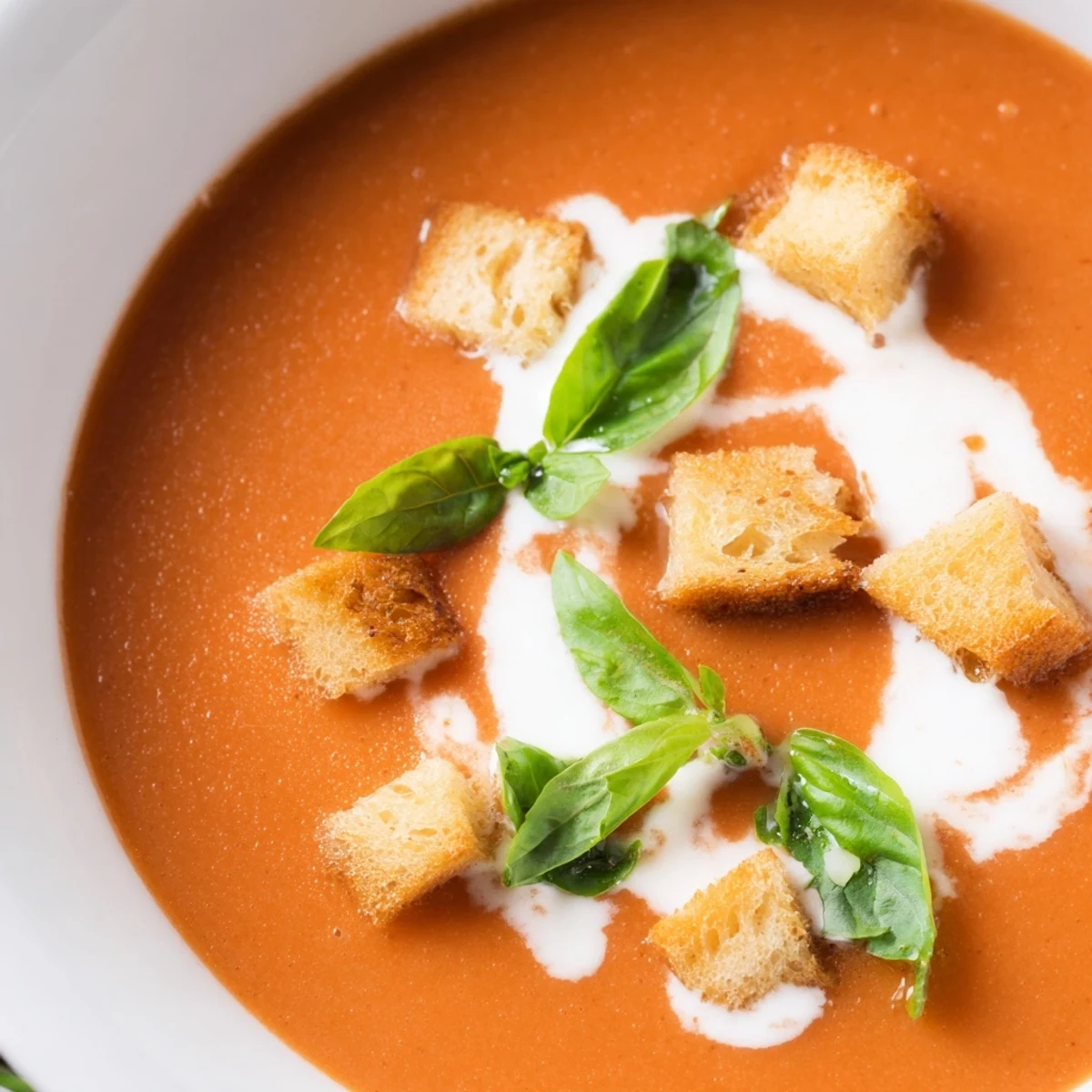 Creamy Tomato Basil Bisque with Croutons served steaming hot in a rustic white bowl with fresh basil garnish.