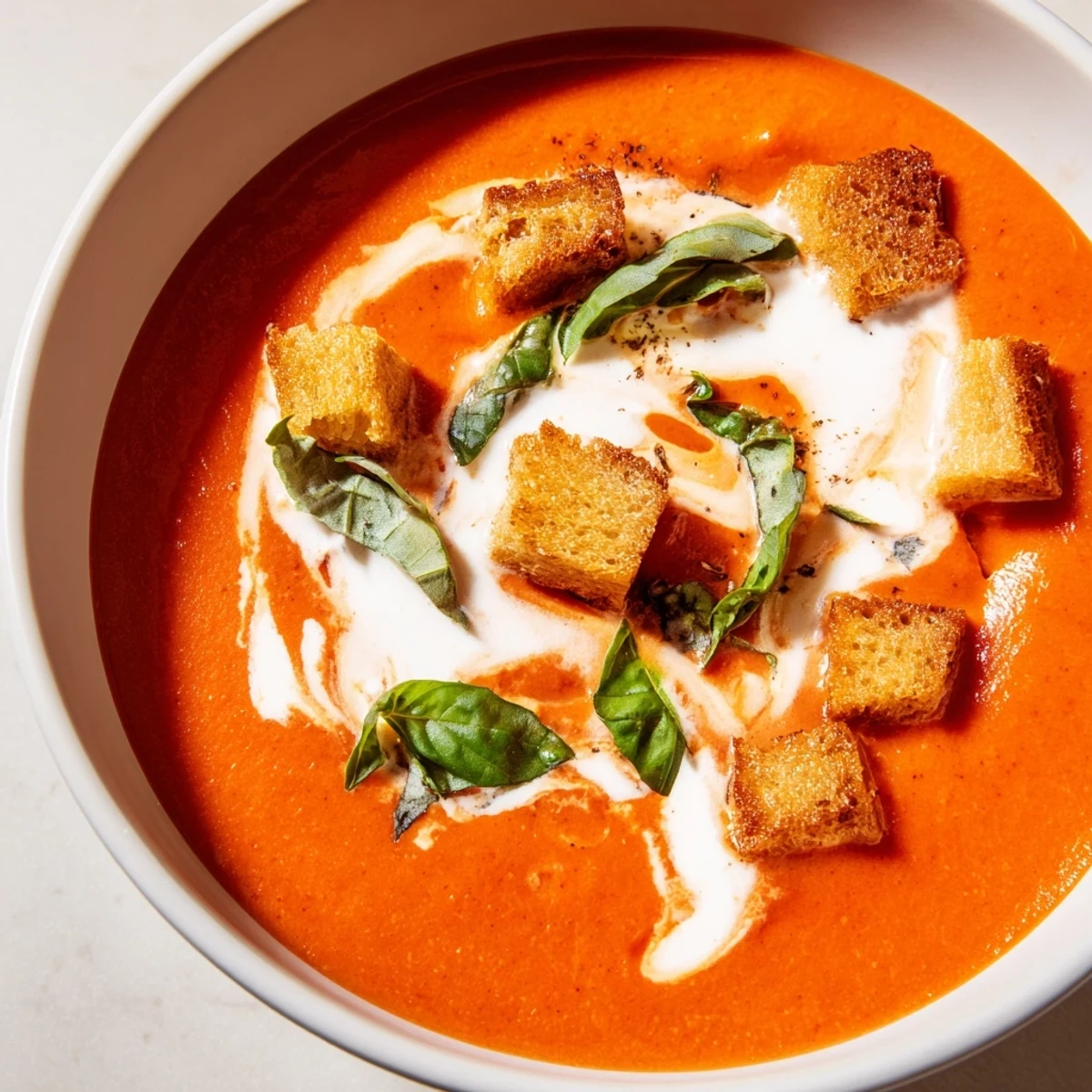 Close-up on Creamy Tomato Basil Bisque with Croutons revealing its velvety texture and golden, crisp croutons.