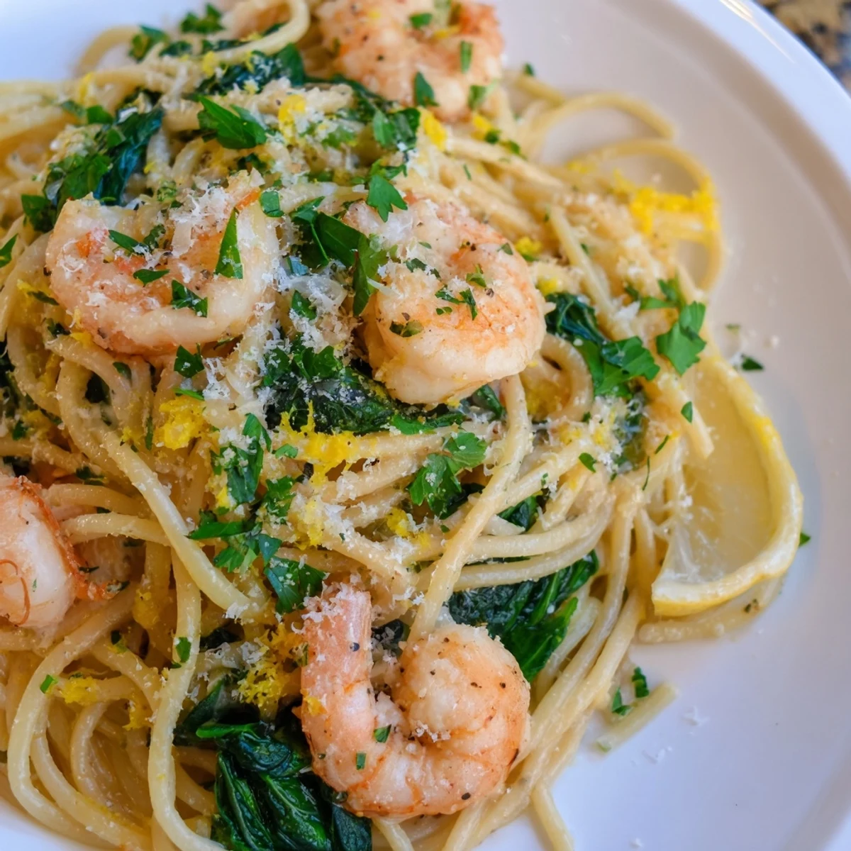 Plated Lemon Garlic Shrimp Pasta with Spinach, showcasing juicy shrimp and wilted greens in a glossy sauce.