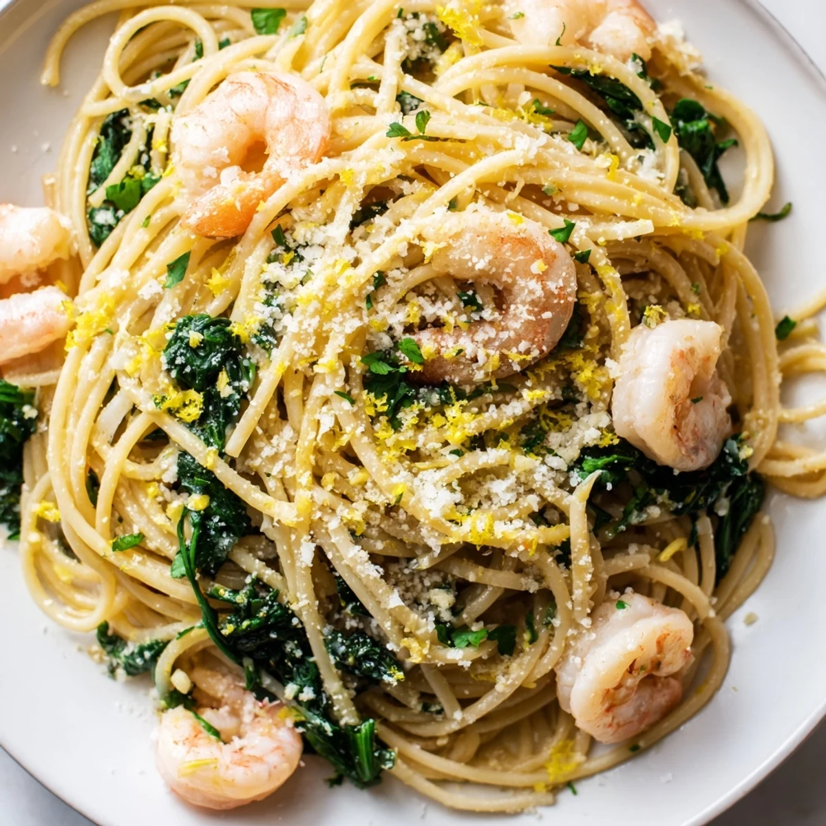 Bright skillet of Lemon Garlic Shrimp Pasta with Spinach, garnished with fresh parsley and lemon zest.