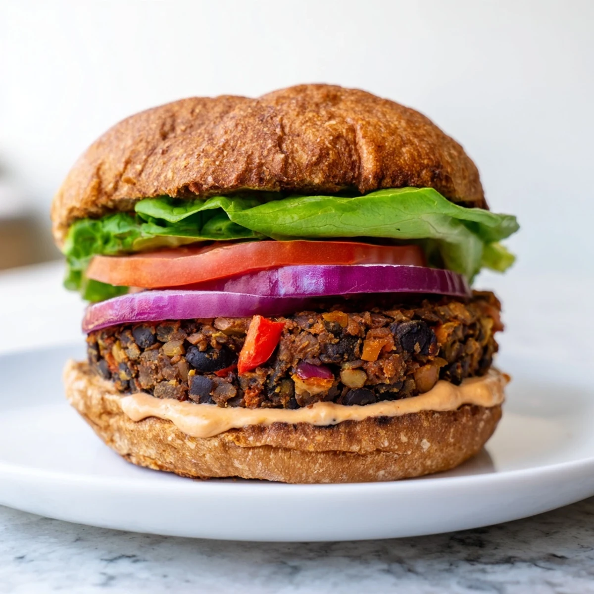 Freshly cooked Vegan Black Bean Burger patties sizzle in a skillet, showing a crisp, dark brown exterior from smoked paprika and cumin.