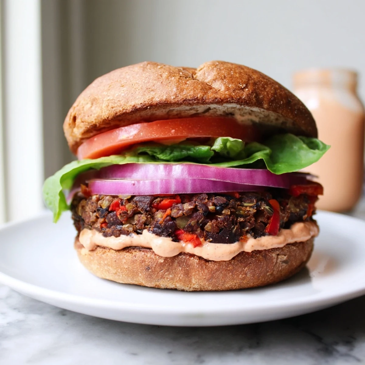 A juicy Vegan Black Bean Burger with Chipotle Mayo is stacked on a toasted bun with lettuce, tomato, and red onion slices.