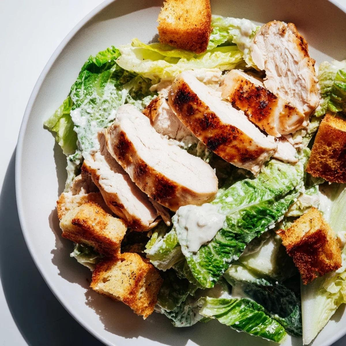 Golden-brown homemade croutons top a bowl of crisp romaine and sliced grilled chicken in Chicken Caesar Salad with Homemade Croutons.
