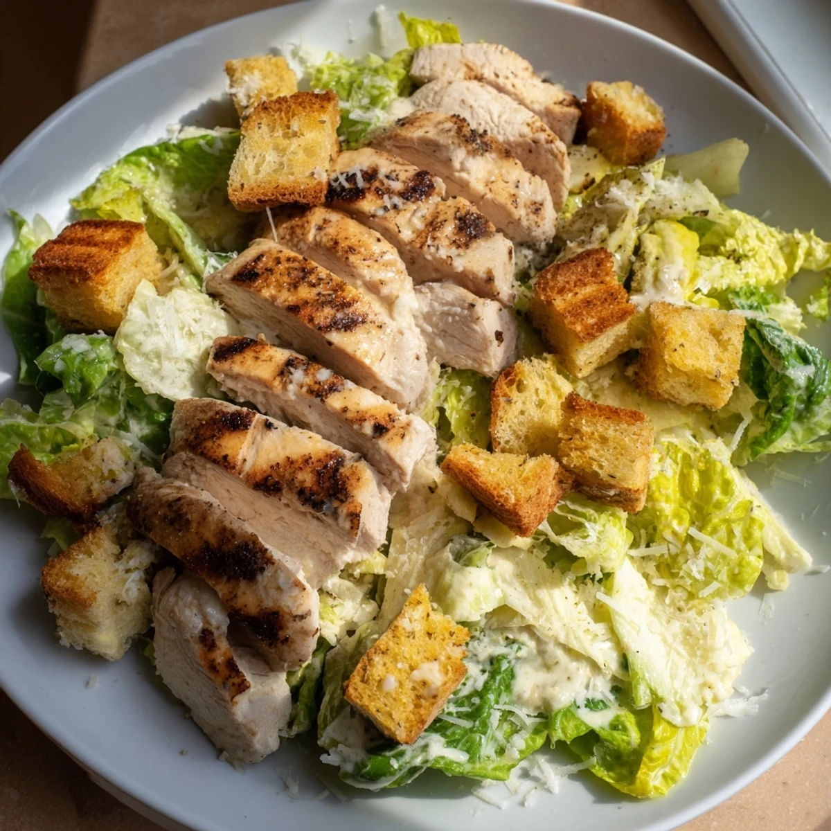 Tender grilled chicken rests beside crunchy bread cubes over creamy dressing in this Chicken Caesar Salad with Homemade Croutons.