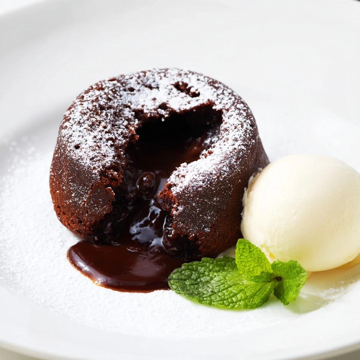 Steam rises from a warm chocolate lava cake as a scoop of vanilla ice cream melts beside it. 