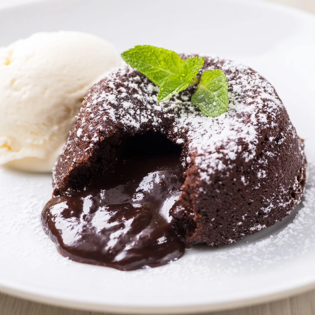 Four ramekins of freshly baked chocolate lava cakes are topped with vanilla ice cream and mint. 