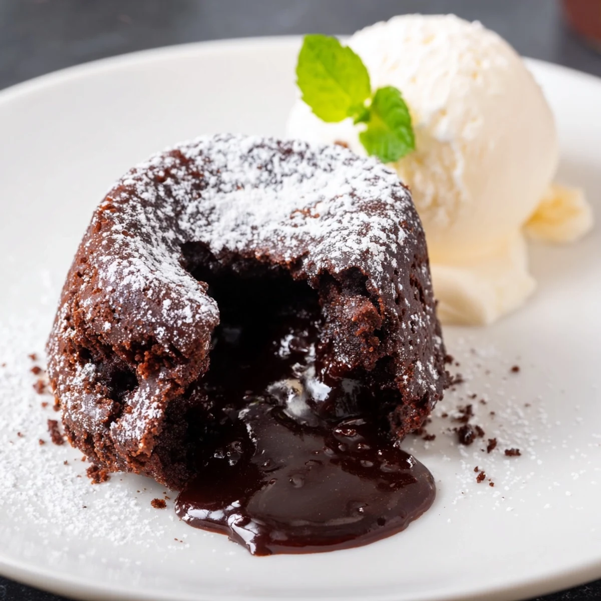 A spoon digs into a rich chocolate lava cake revealing molten center, with vanilla ice cream.