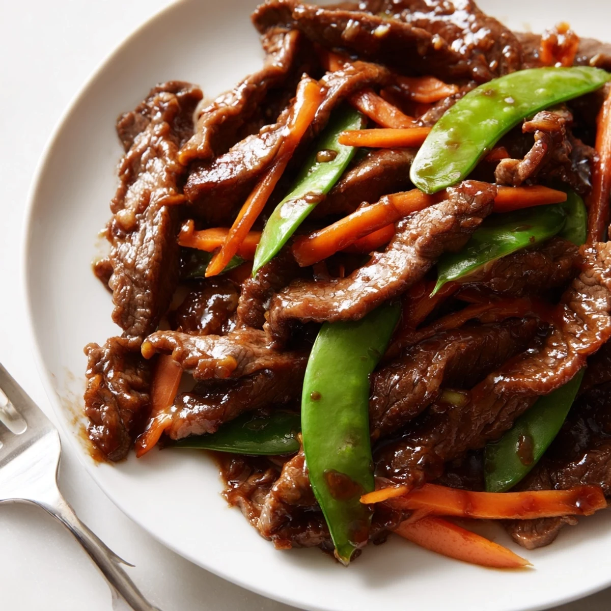 Beef Stir Fry with Snow Peas and Carrots glazed in a shiny sauce, piled high in a skillet next to fluffy white rice.