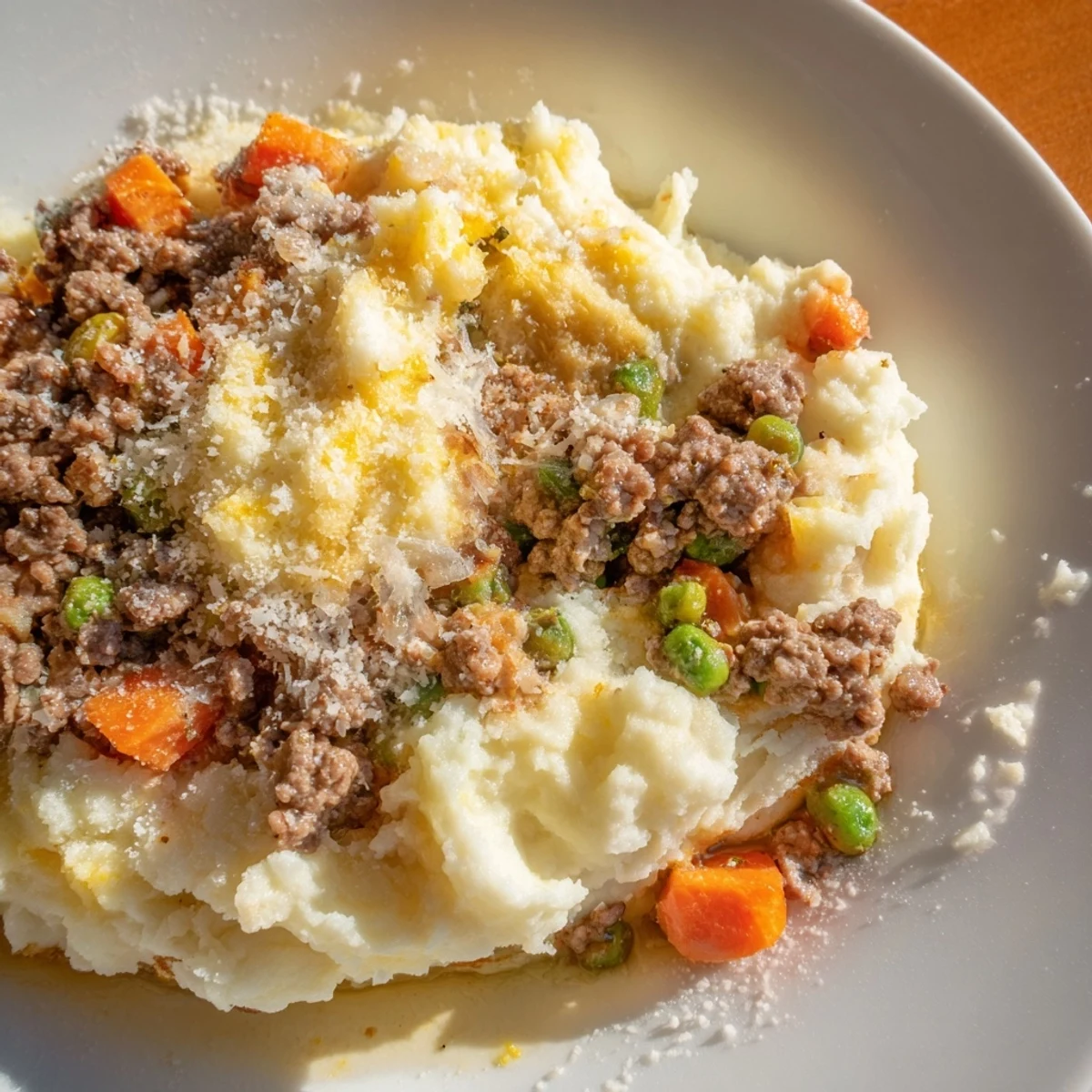 Fork-tender ground beef filling peeking from under golden Parmesan, served in a cozy casserole dish for a low-carb family dinner.