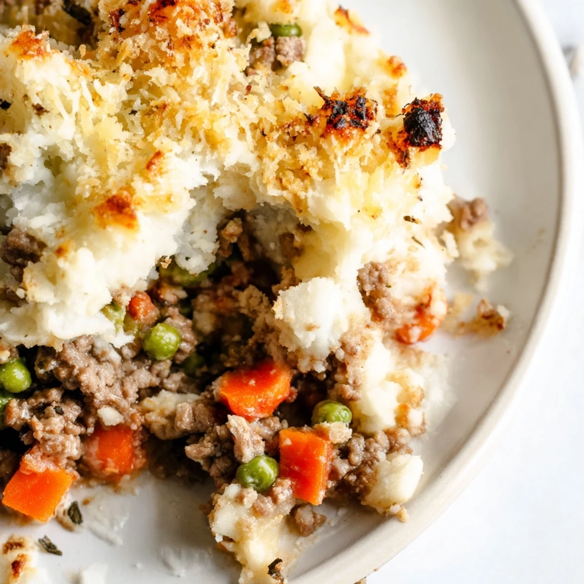 The creamy white cauliflower mash topping contrasts with vibrant peas and carrots in this hearty, gluten-free Beef Shepherds Pie with Cauliflower Mash.