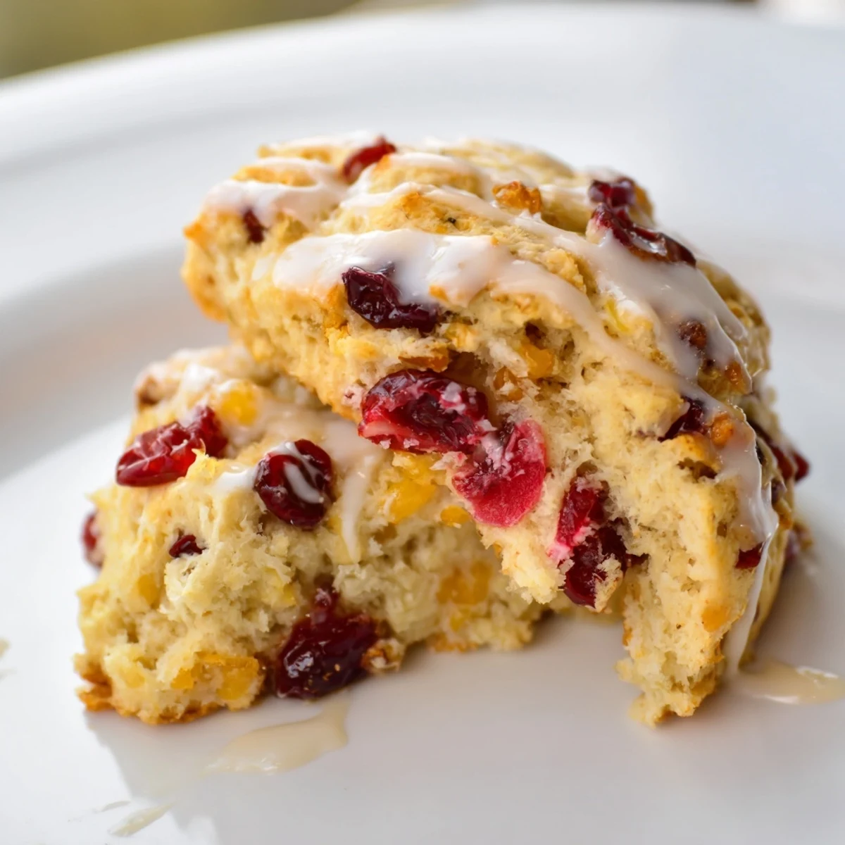 Golden-brown Cranberry Orange Scones with Orange Glaze resting on a cooling rack, with fresh cranberries and orange zest nearby.