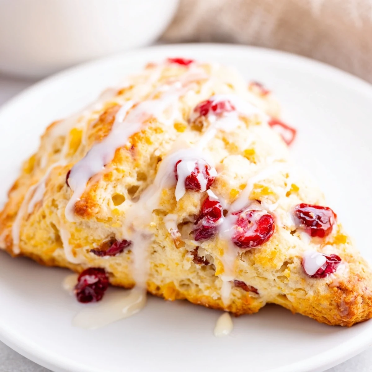 Freshly baked Cranberry Orange Scones with Orange Glaze drizzled over the top, perfect for breakfast with a steaming cup of coffee.