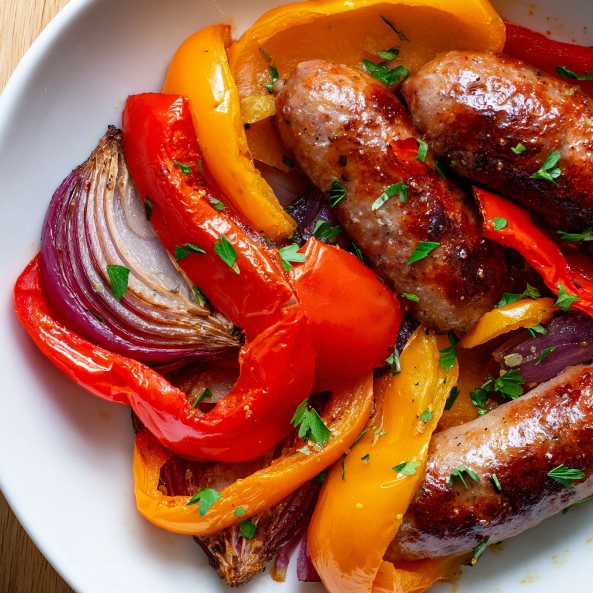 Golden-brown Sheet Pan Beef Sausage and Peppers with Onions roasted with smoked paprika next to crusty bread.