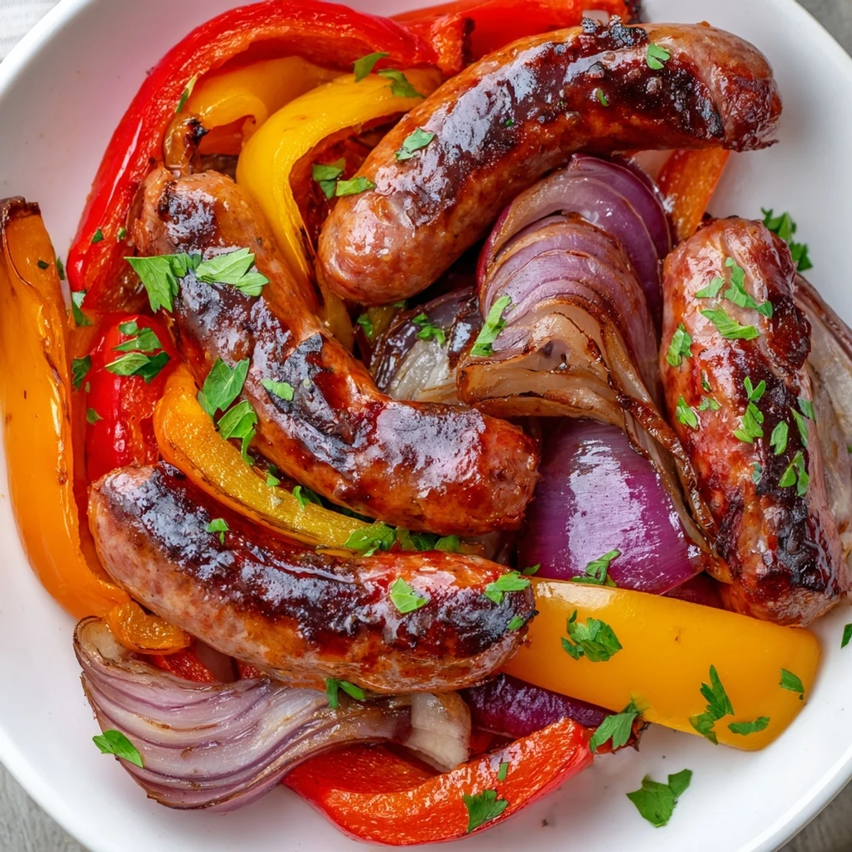 Juicy Sheet Pan Beef Sausage and Peppers with Onions caramelized on a tray, garnished with fresh parsley.