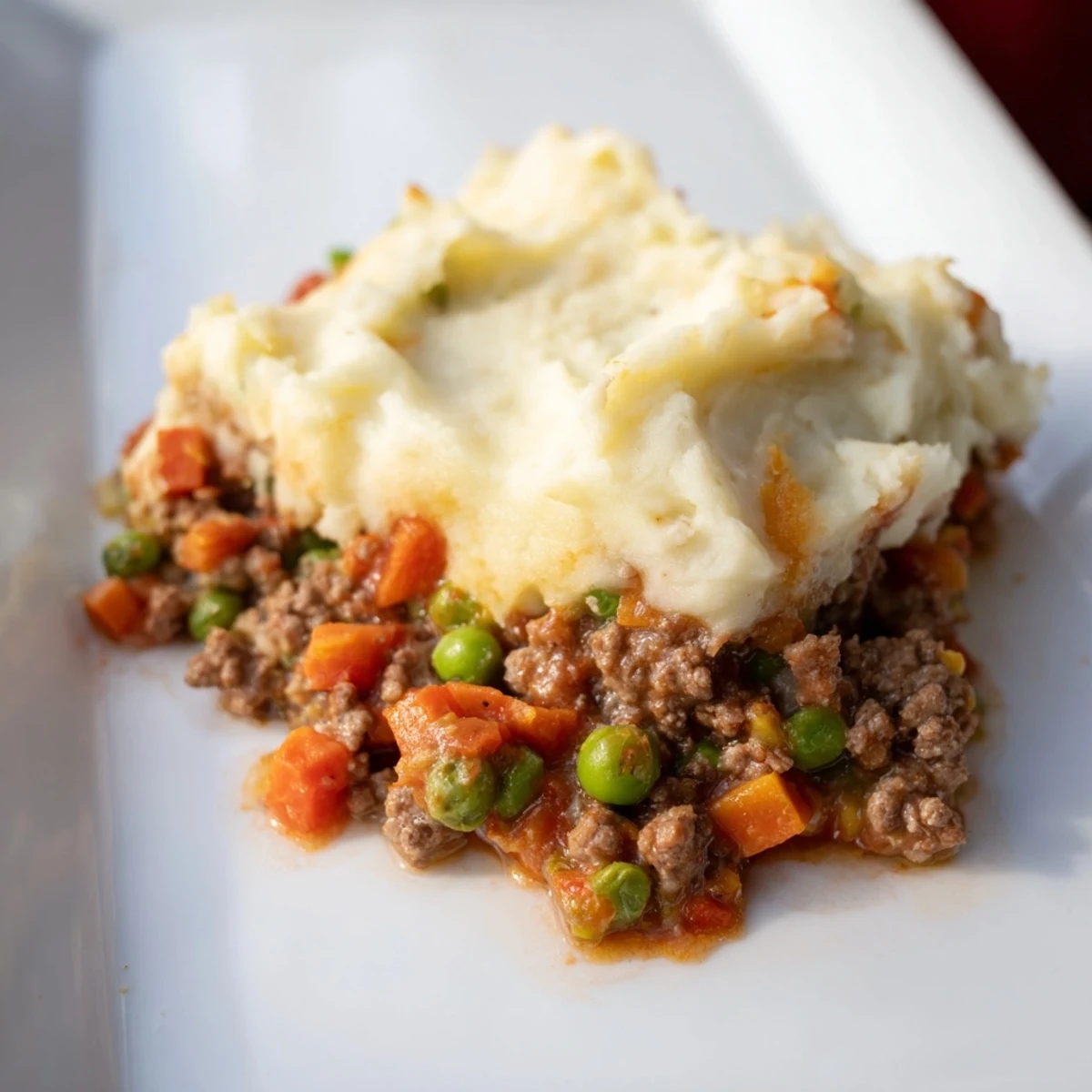 Close-up of the golden, velvety Beef Shepherds Pie with Creamy Cauliflower Mash topped with fresh thyme and Parmesan.