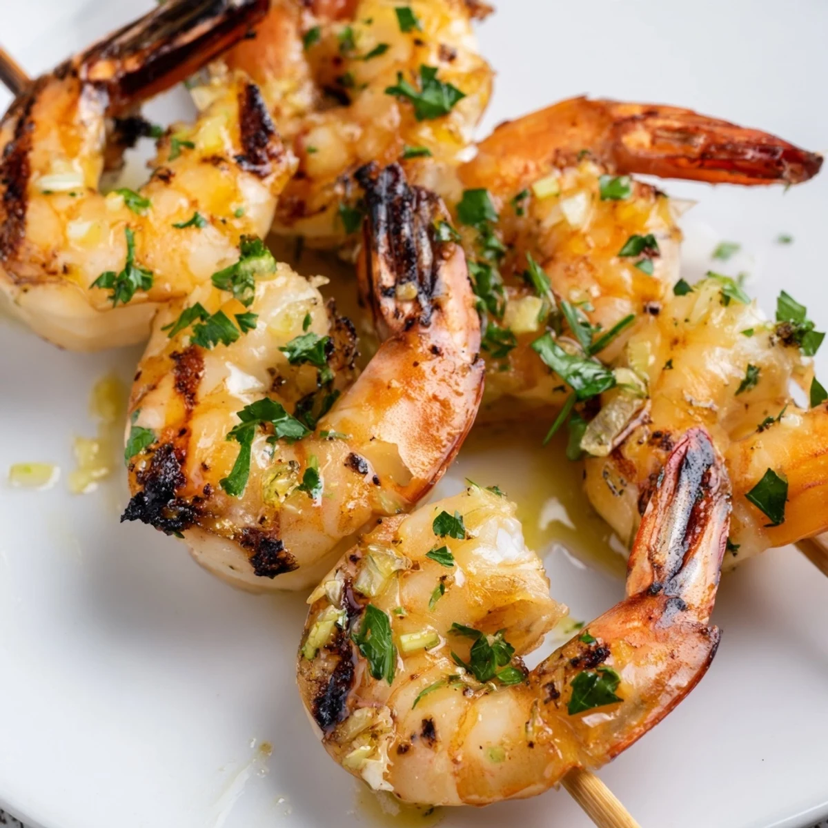 Platter of Lemon Garlic Shrimp Skewers with Parsley served over rice with lemon wedges and a chilled white wine.